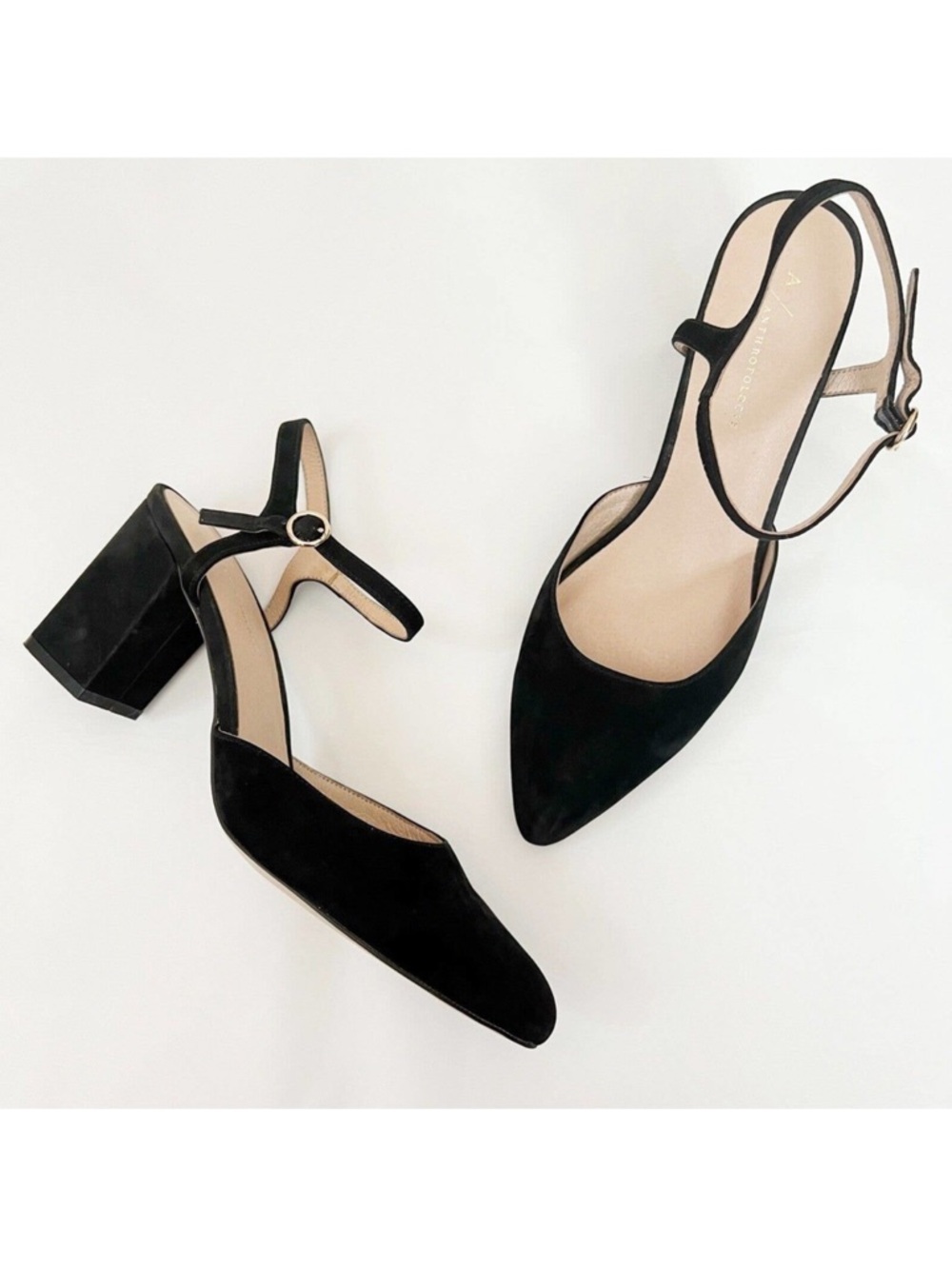 Anthropologie Arabella Suede Pointed Toe Block Heels Black Size 6 Minimal